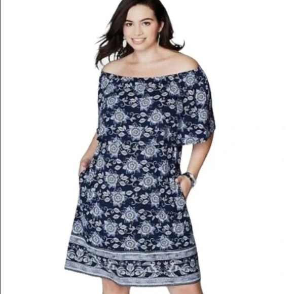 J.Jill Off The Shoulder Navy Blue Floral Dress - Picture 1 of 6